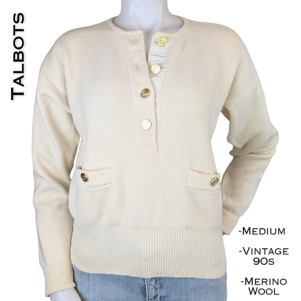 Talbots 90s Merino Wool Sweater Medium Cream Felted Gold Button Cropped Vintage